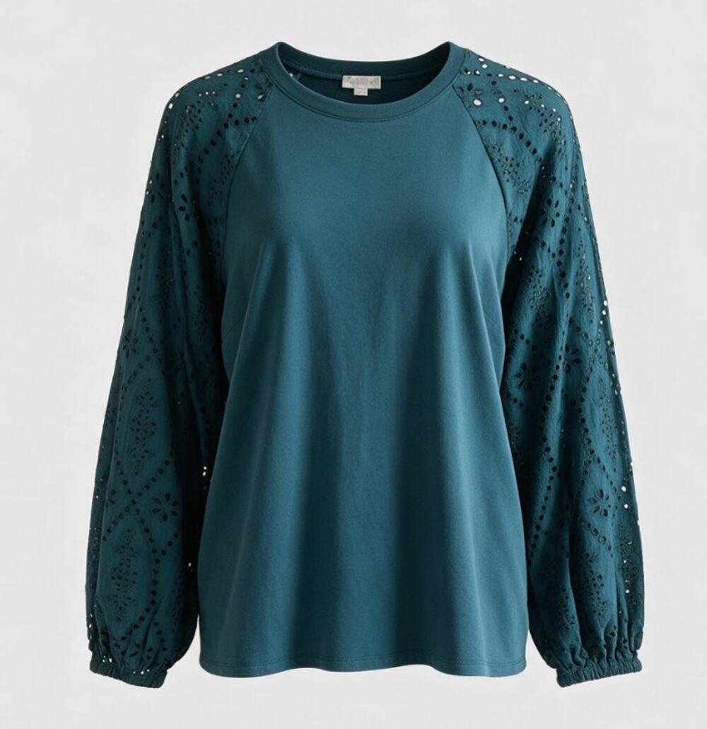 GARNET HILL WOMENS XLARGE EYELET RAGLAN SLEEVE KNIT PULLOVER TOP DEEP TEAL GREEN